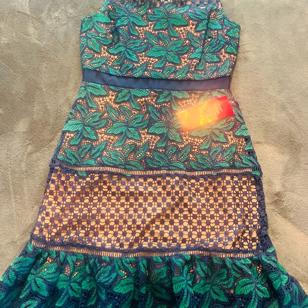 Badgley Mischka Emerald and Navy Dress